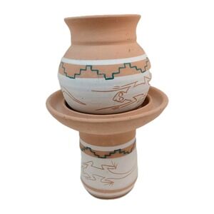Southwest Style TerraCotta Clay Etched Lizard Vessel on Base Folk Art Sku 0606